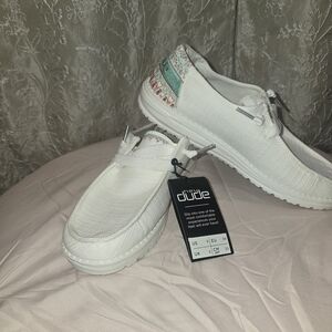 Hey Dude Women's White and Teal Sneakers